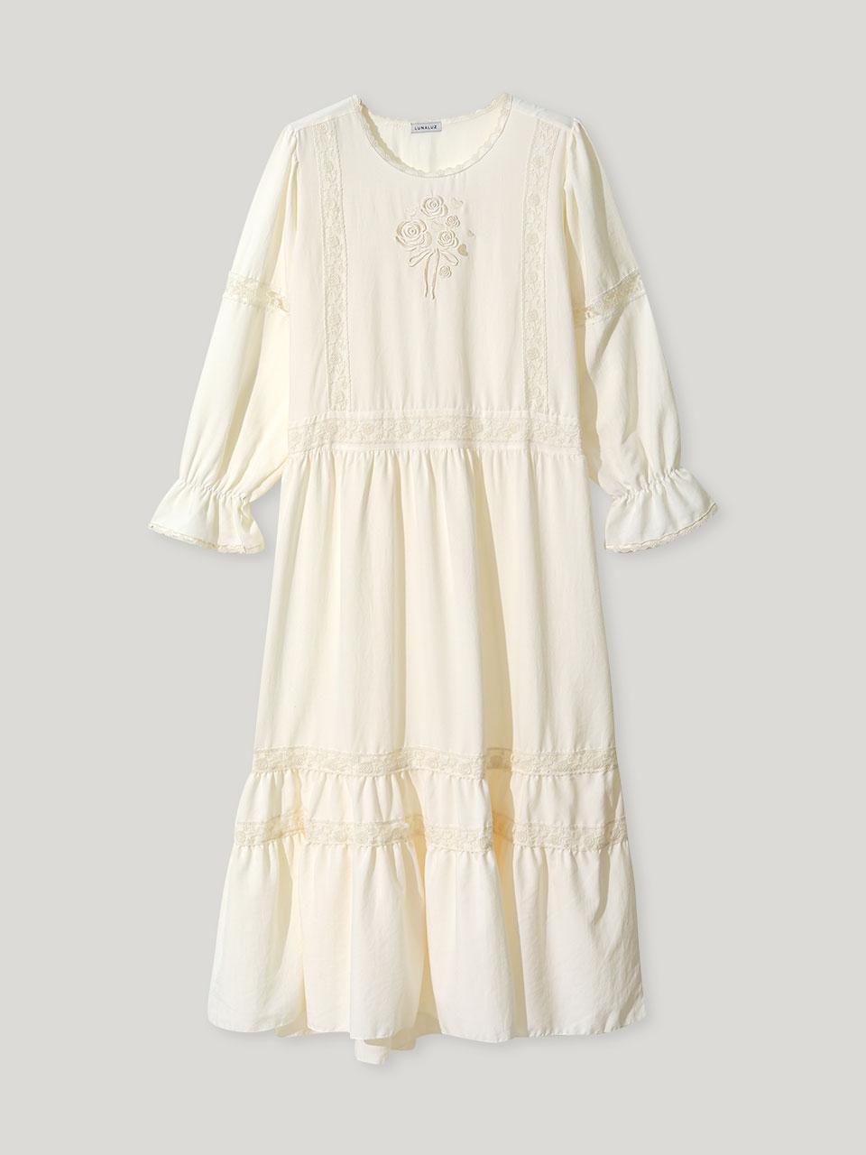 여성 에이비 샌드워싱 긴소매 라운드넥 원피스 잠옷 25-06331