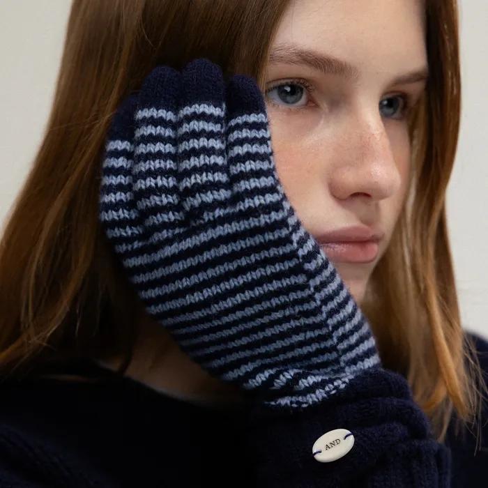 Stripe cashmere gloves (navy)