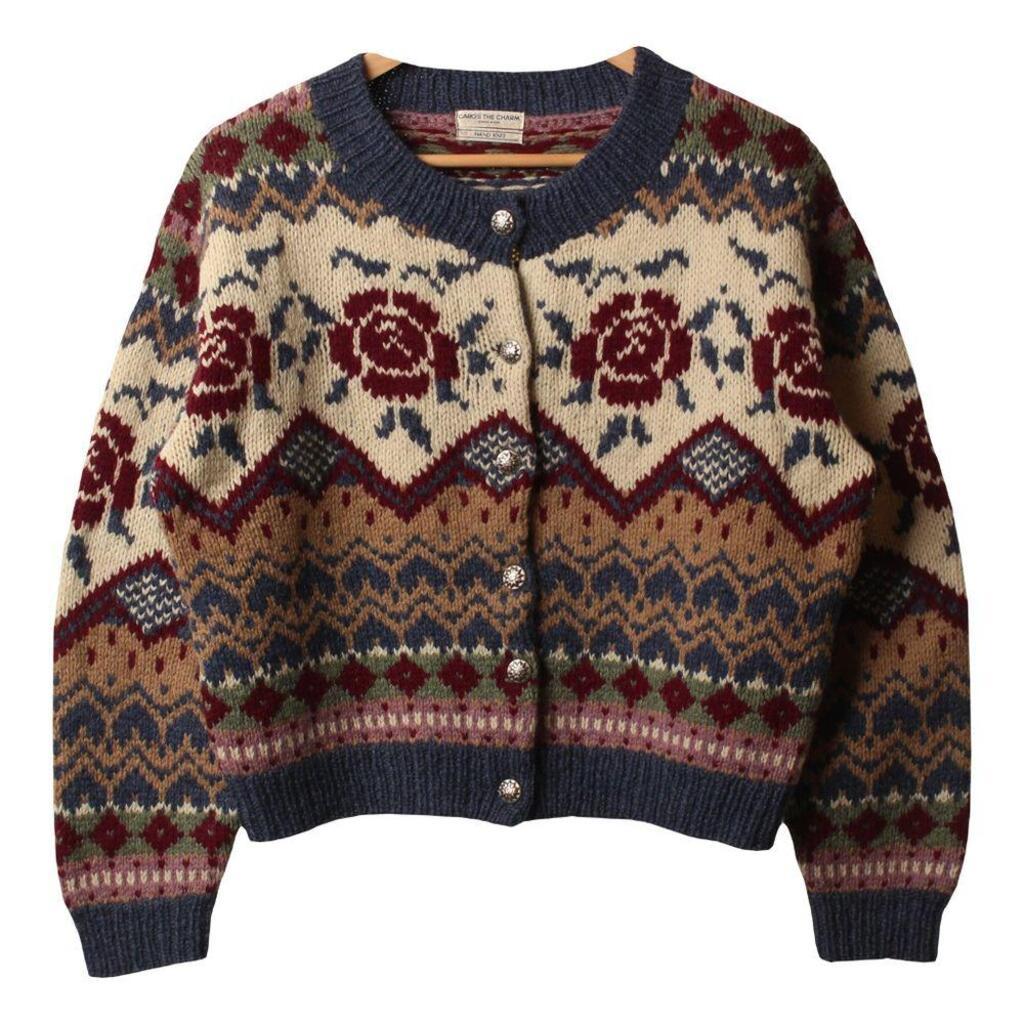 JPN 네이비 울 혼방 플라워 스트라이프 가디건 / WOMEN M