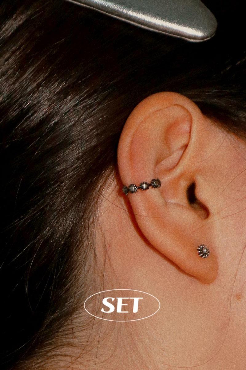 [SET] 925silver 유화 미니 플라워 이어커프 귀찌 & 유화 미니 스프링 플라워 귀걸이 세트