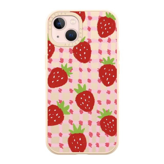 sweet red strawberries with pink check pattern - crayon texture