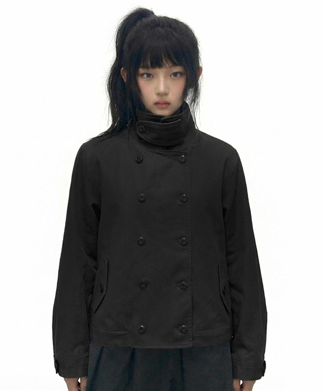 다미쉬 더블 버튼 하이넥 코튼 자켓_블랙