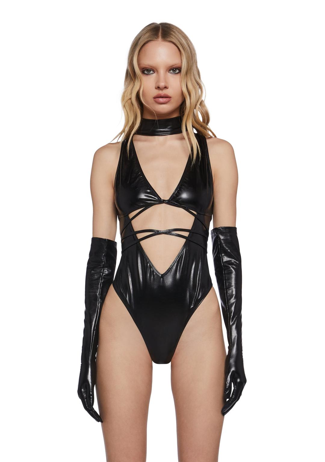 Want To Believe Bodysuit And Gloves Set - BLACK / XX-Small