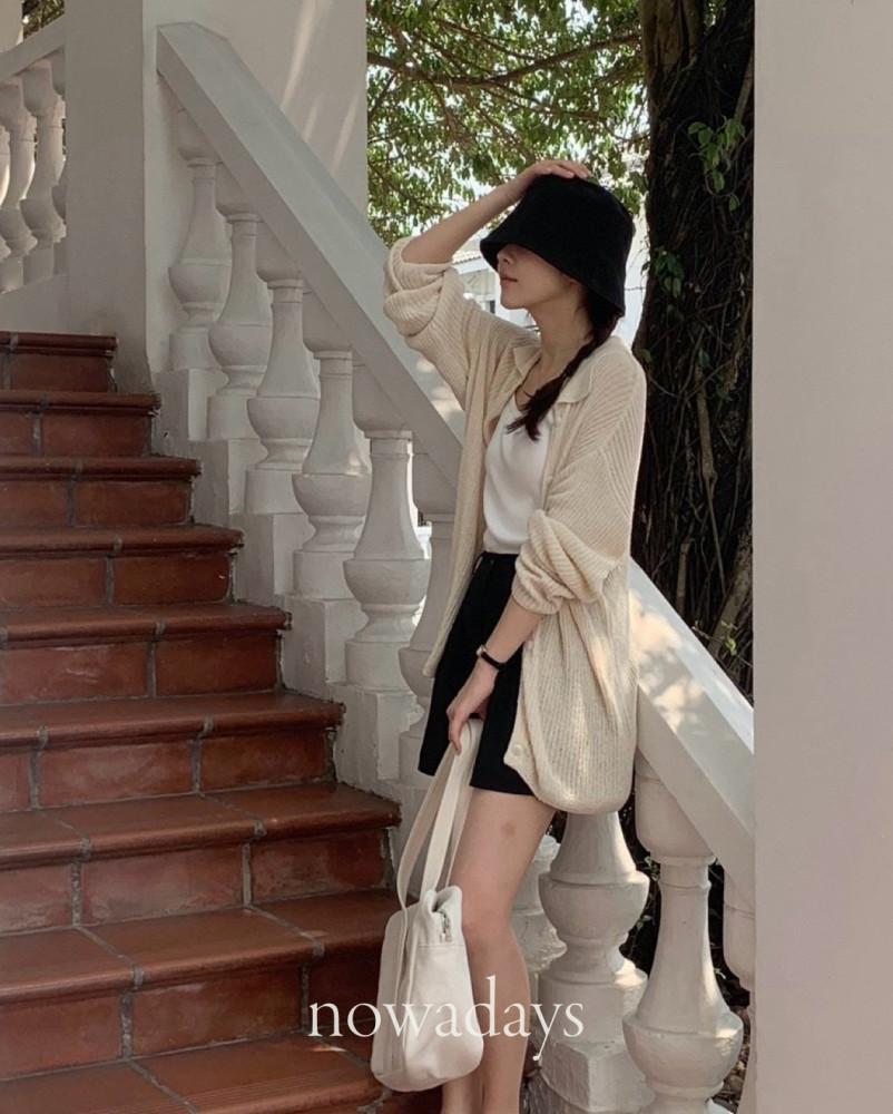 크림,검 당일/ 베르가못 프렌치 가디건 코튼 린넨 카라 긴팔 골지 니트 cd (3col) : 나우 어 데이즈