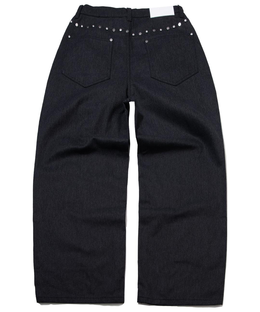 Cubic Rivet Point Cotton Wide Washed Denim Pants [Black]