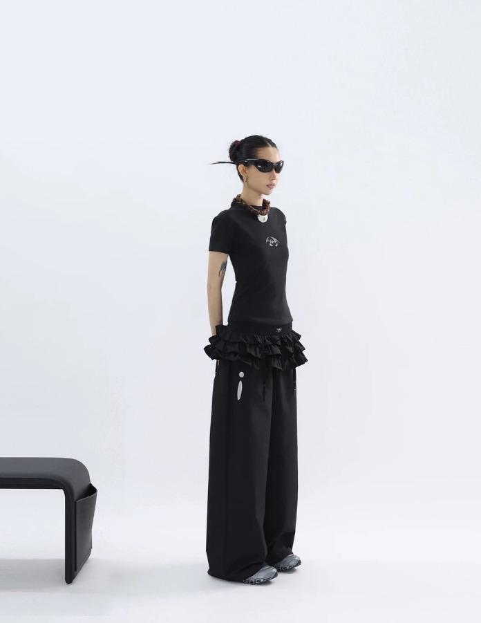 MEIYA FUZZYKON 매트 텍스처 윈드브레이커 팬츠/울트라 숏 케이크 스커트 (블랙)