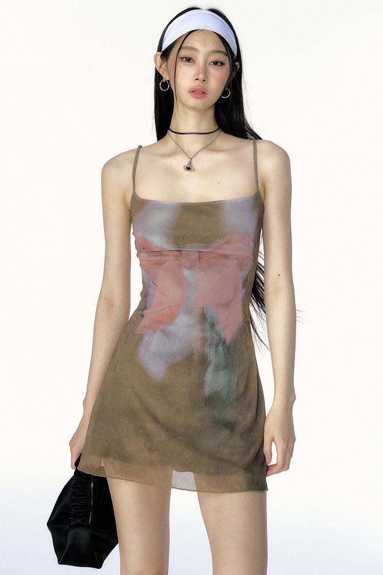 Vintage Slim Waist Mesh Print Dress CUR0106