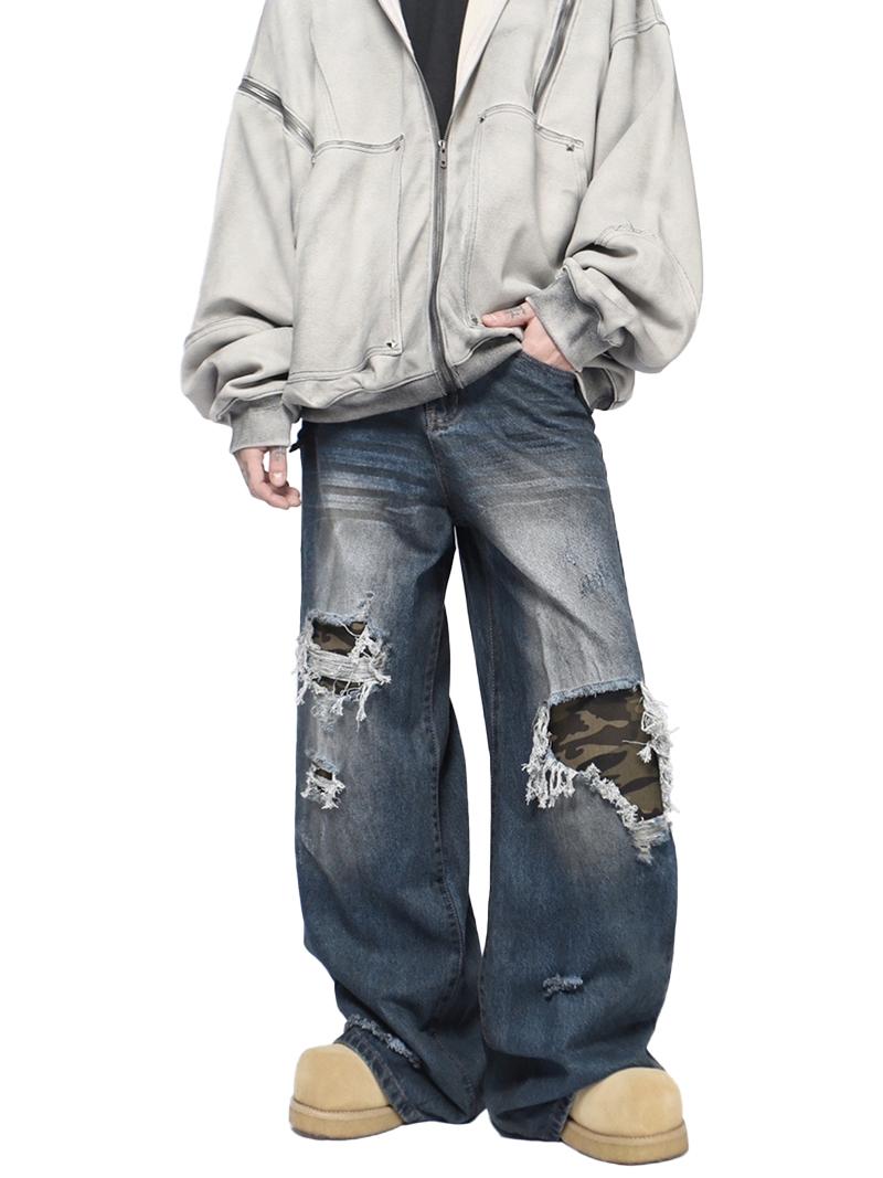 Hole Damage Ripped Washing Wide Denim Pants