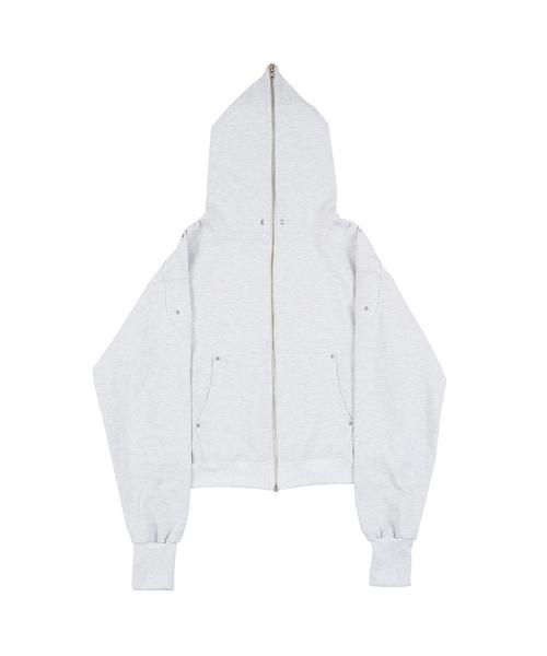 Full Face Zip Up Heavy Terry Moto Hoodie - White Melange