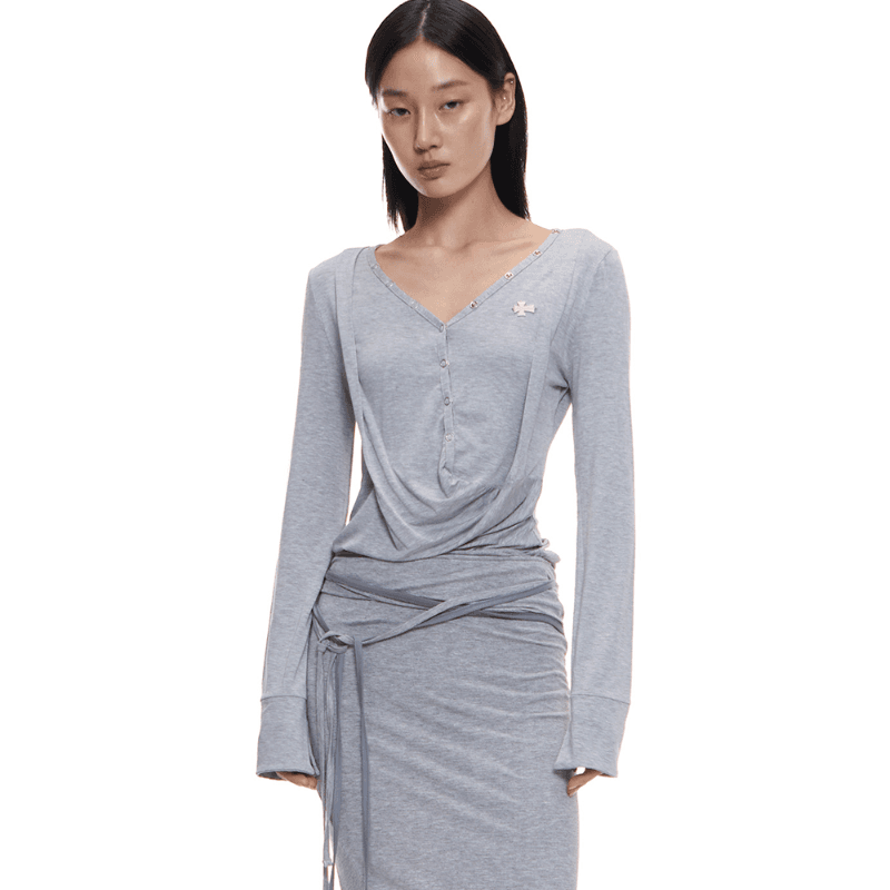 DRAPED HENLEY TOP (MELANGE GREY)