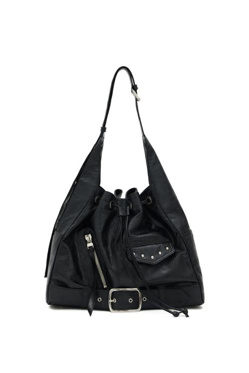 DEINET STUD BELTED BUCKET BAG IN BLACK