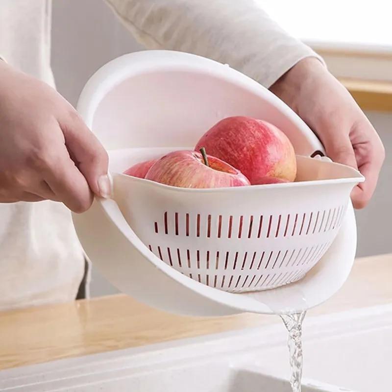 주방 회전식 이중 배수 바구니 과일 야채 세척 보관 바구니 스트레이너 그릇 청소 필터, 소쿠리 도구