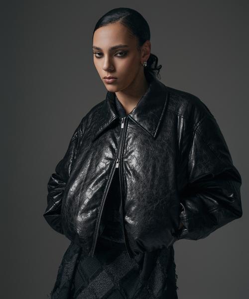 Glossy Leather Short Padding Jumper [ Black ]