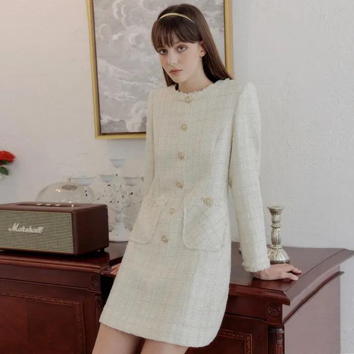 아이보리 라운드 트위드 드레스 / IVORY ROUND TWEED DRESS