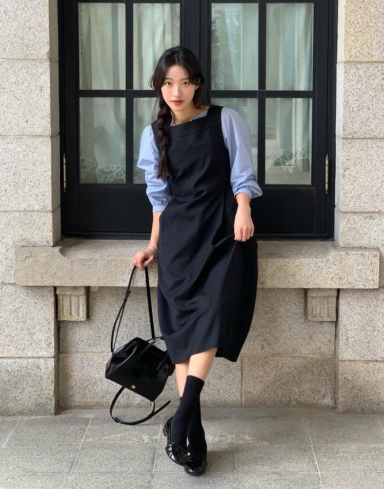 울 레이어드 드레스 블랙