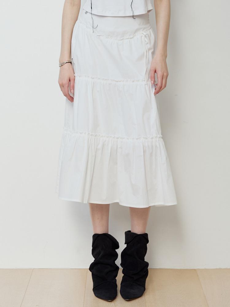 [2/17 예약발송]SHIRRING FRILL RIBBON LONG SKIRT WT