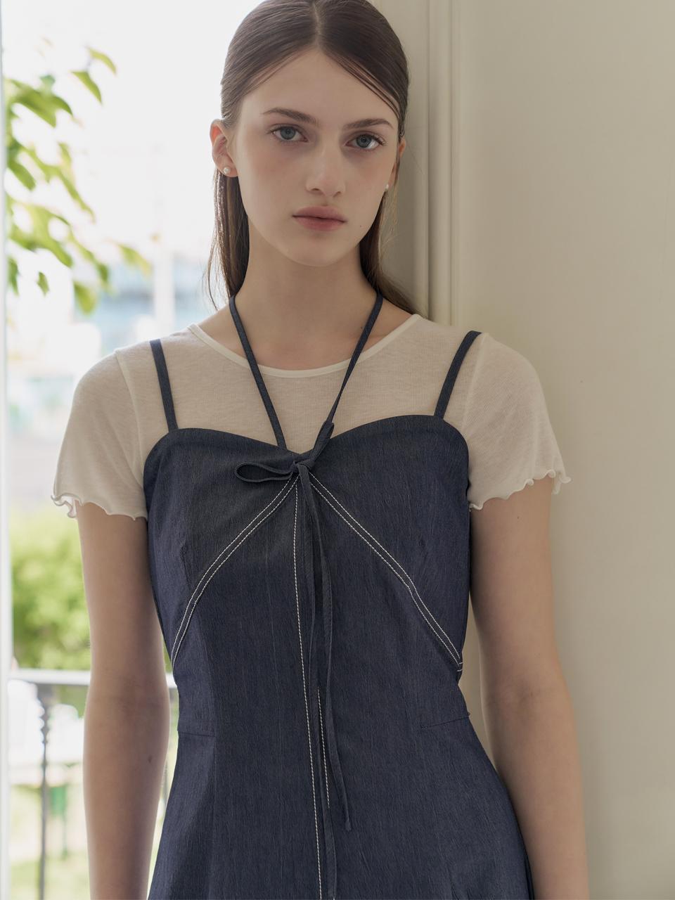리본 스트랩 뷔스티에 데님 드레스_denimblue