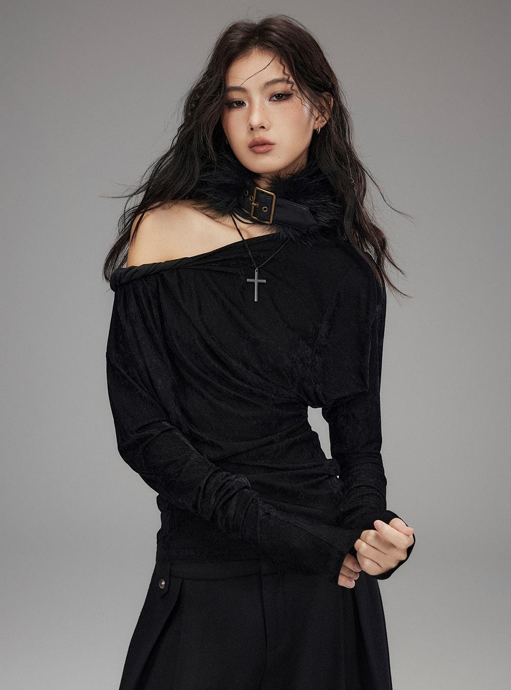 Soft Twist Front Black Long Sleeve Tee