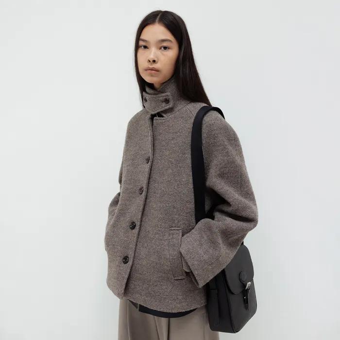 Wool High-Neck Short Coat (Brown)