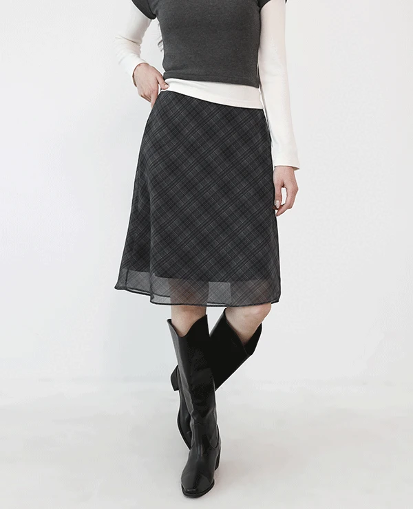 템포 체크 쉬폰 미디스커트 (2color)