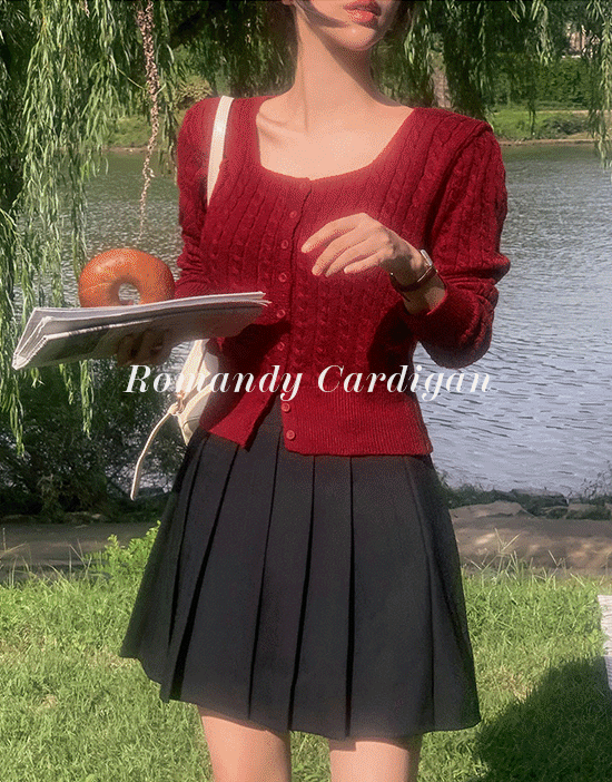 로멘디 스퀘어 니트가디건(꽈배기/세미크롭/데일리룩)