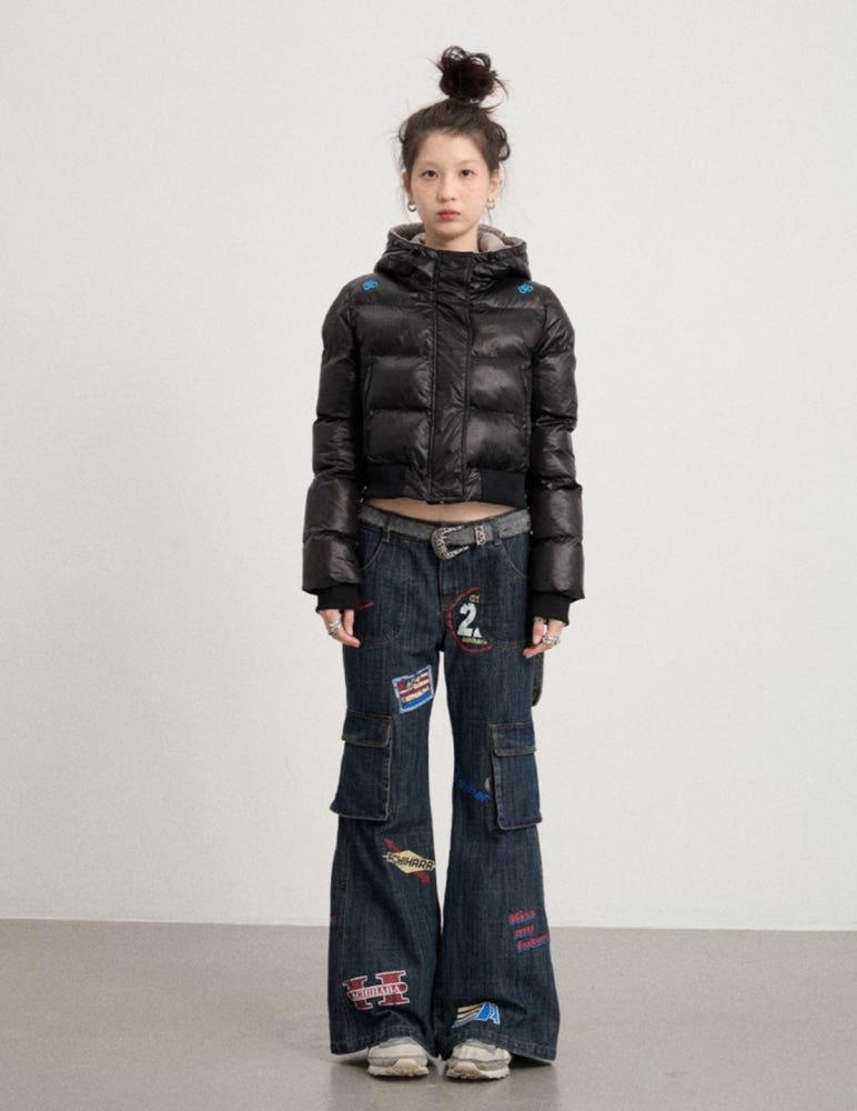 Achihara 어깨 자수 후드 숏 패딩 자켓