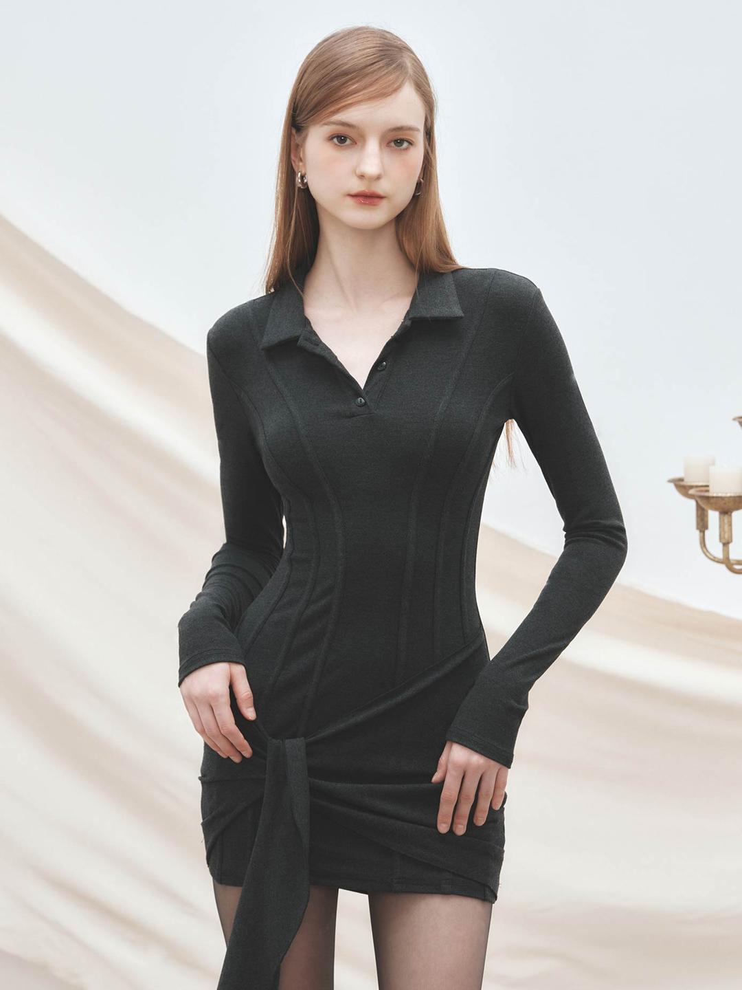 [MESS STUDIO] Collar Knot Long Sleeve Dress