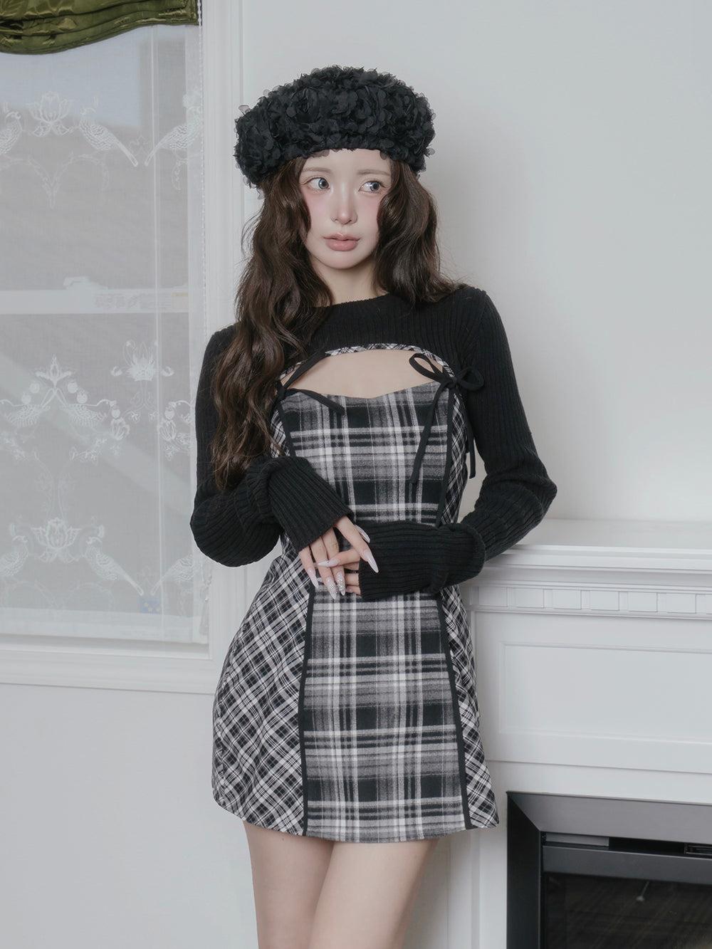 ニットボレロダブルチェックミニワンピース