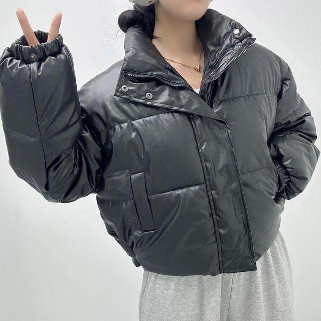 [간지힙!/핏조절] 레더 유광 크롭 눕시 패딩 점퍼 겨울자켓 숏패딩 겨울아우터 가죽패딩_선데이이브닝