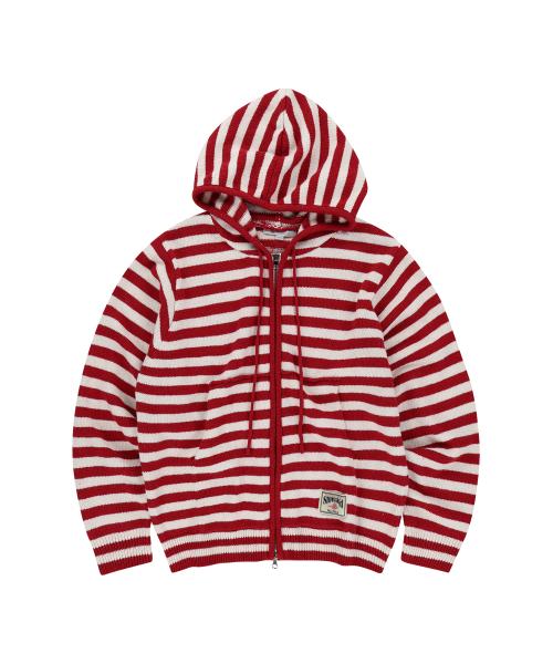 스트라이프 니트 후드집업 [레드]