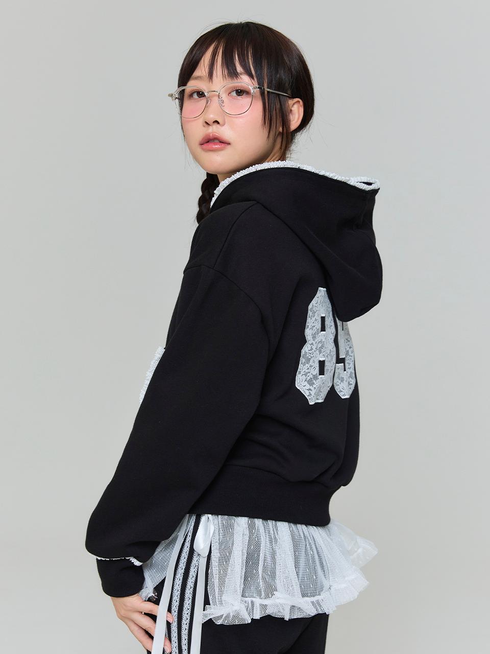 레이스 아플리케 후드 집업 - 블랙(LACE APPLIQUE HOOD ZIP-UP - BLACK)