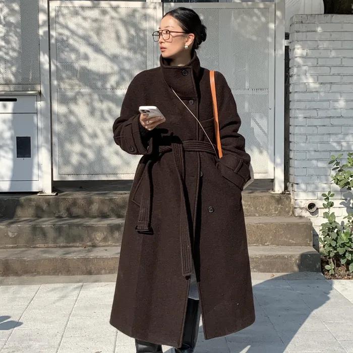 Belted High-Neck Long Coat BROWN [SW4WH914-M9]