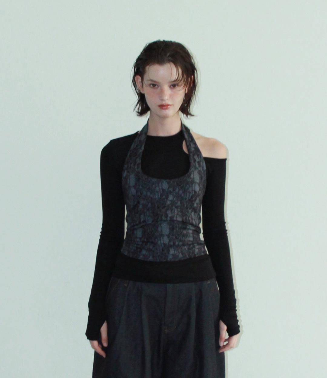 FLOWER LACE HALTER SLEEVELESS (PLUM BLACK)