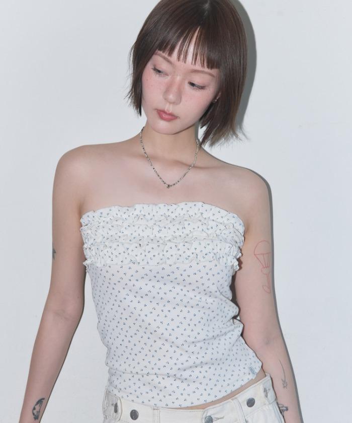 FLOWER FRILL TUBE TOP (WHITE) F25QB131