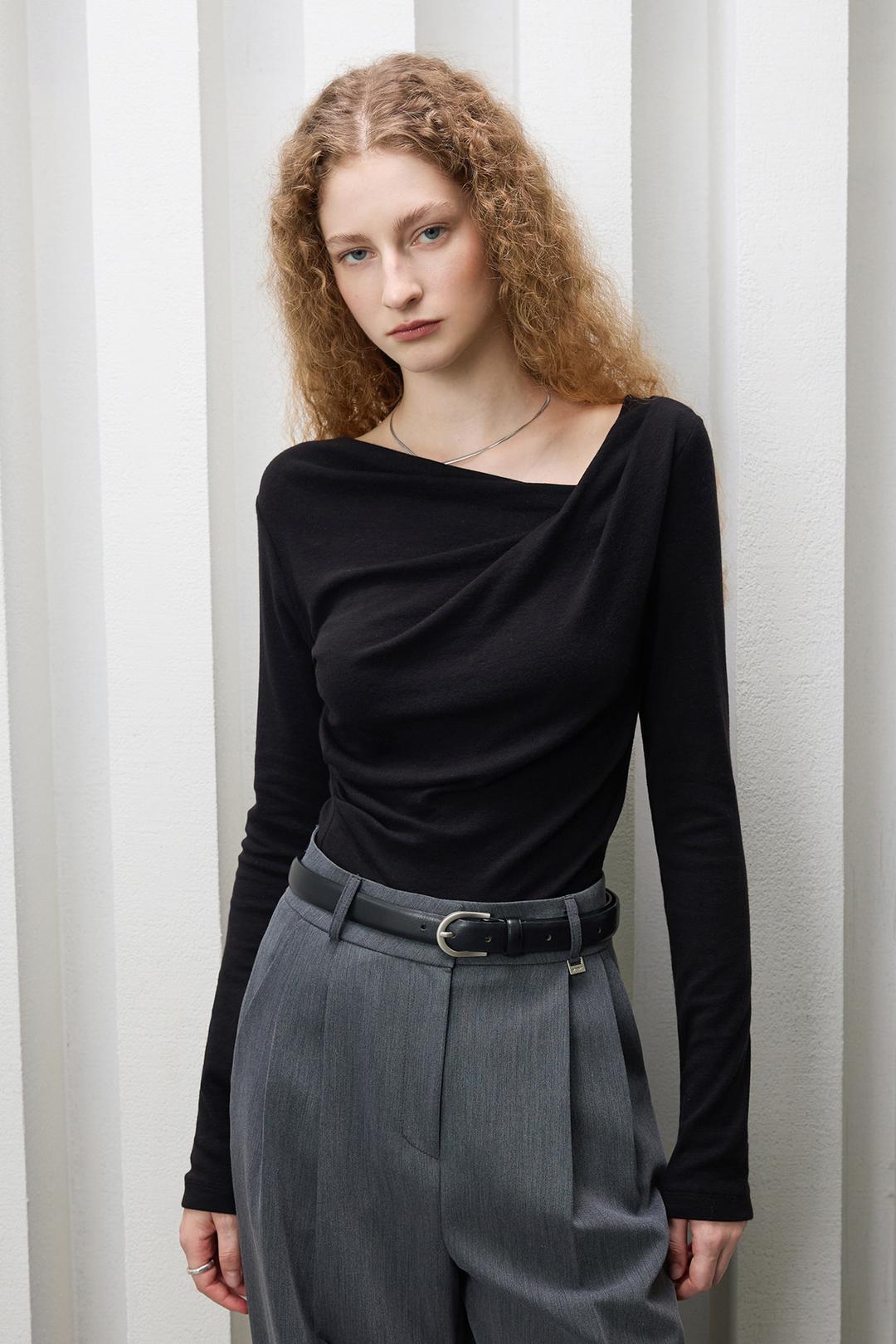 저지 드레이핑 울 티셔츠 - 블랙