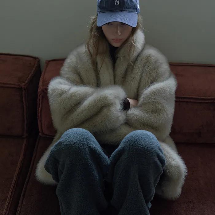 HIGH-NECK FAUX HALF FUR COAT, IVORY