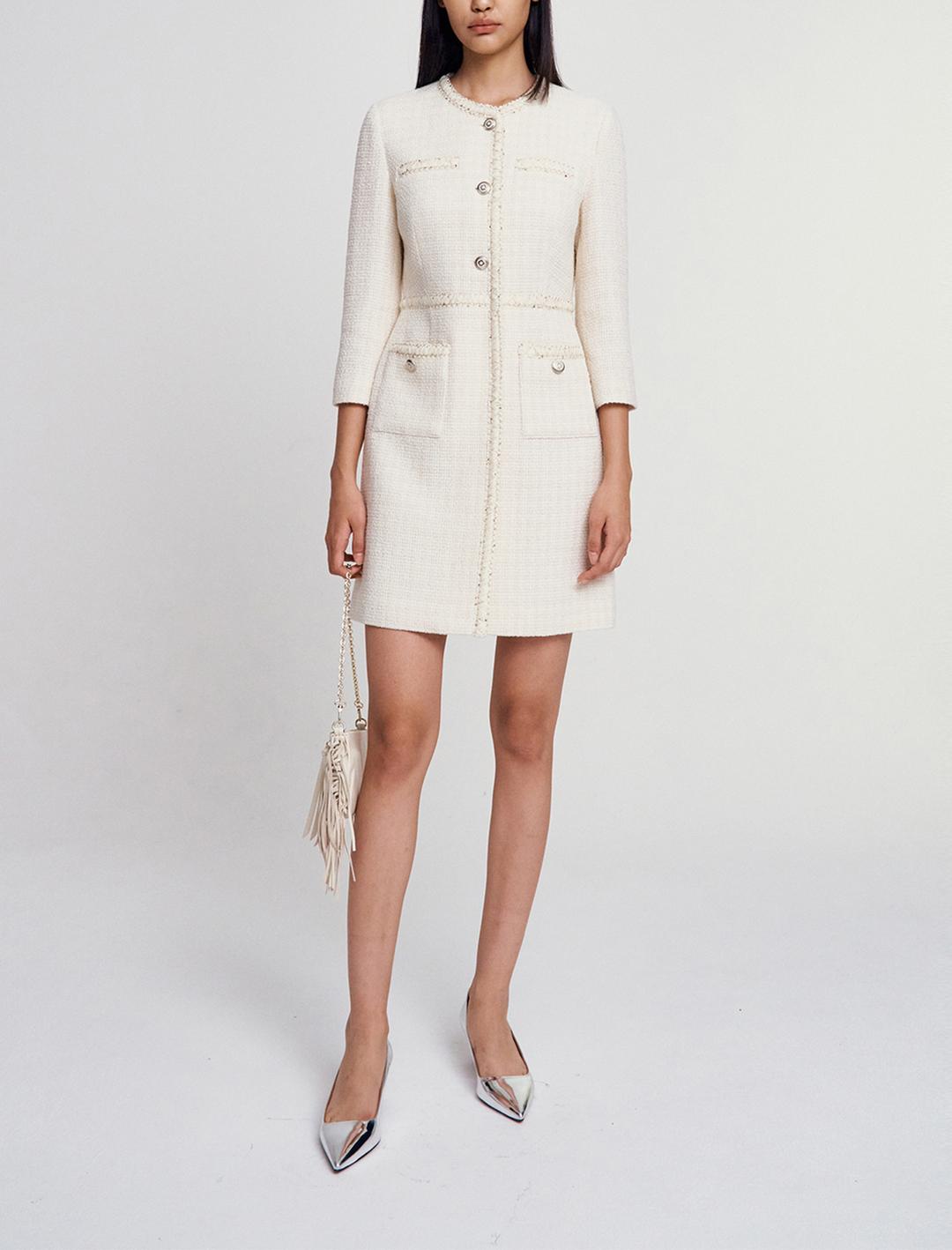 클로버 버튼 트위드 드레스