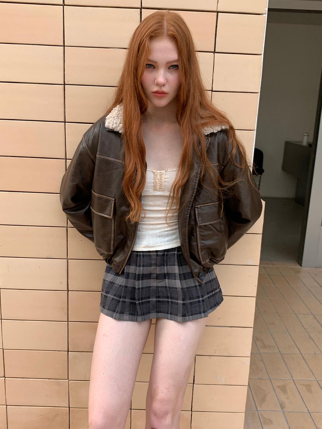 [F009]Vintage fur collar little leather jacket