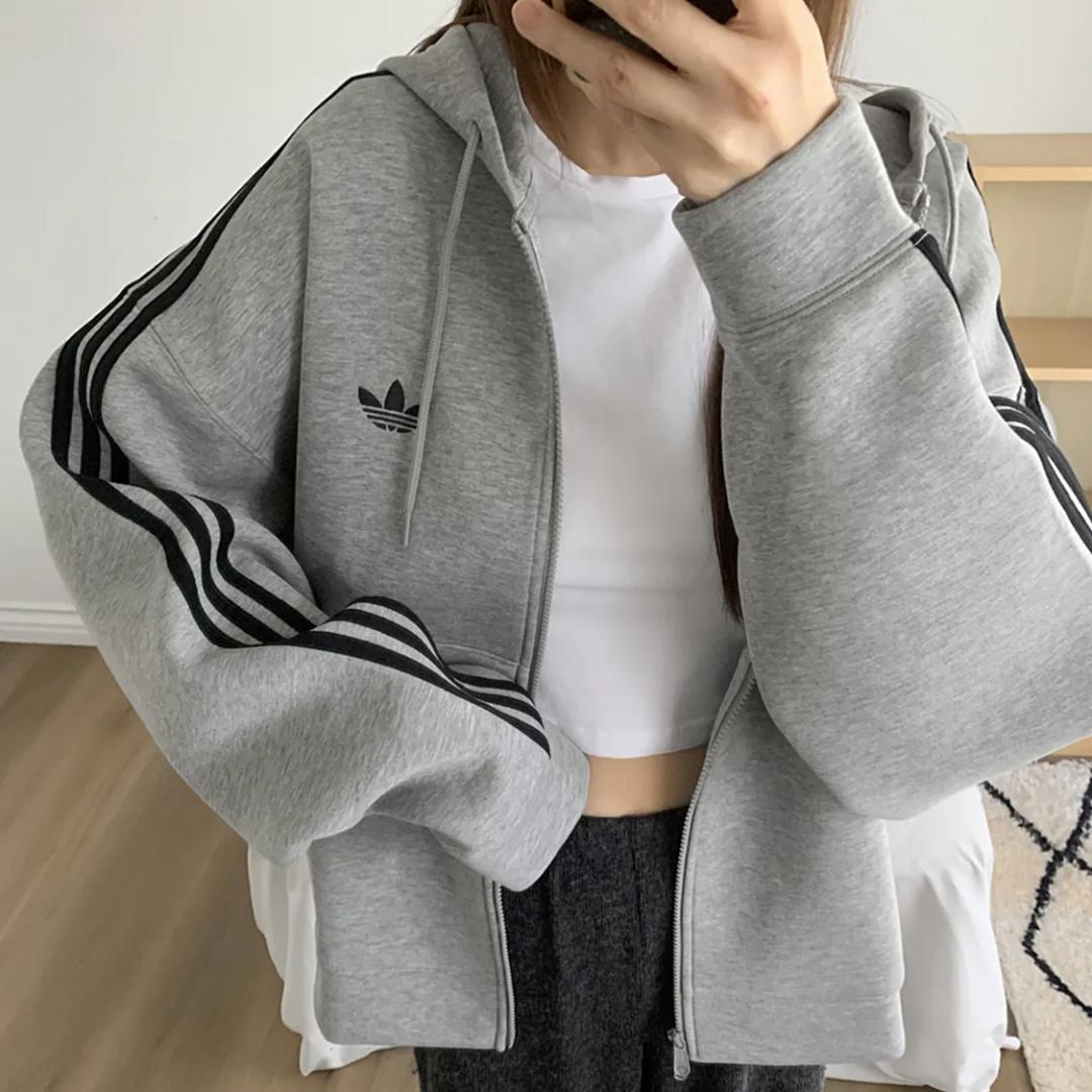 아디다스 남녀공용 블랙 삼선 더블니트 저지 후드 집업