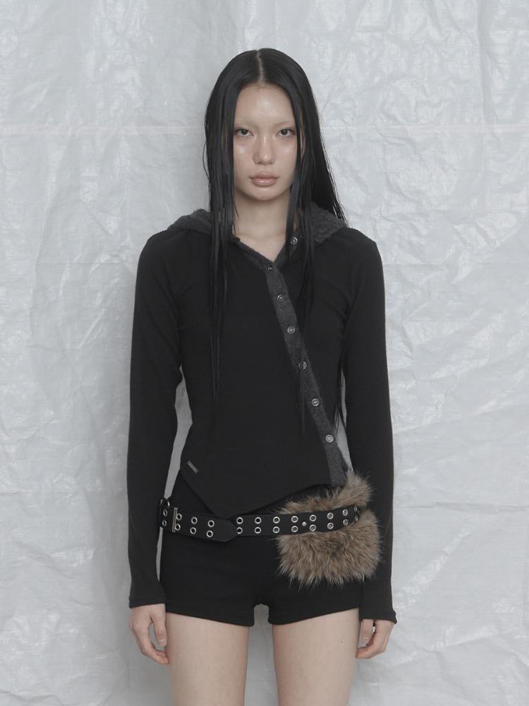 2nd) [mnem] Button Fur Hoodie Top