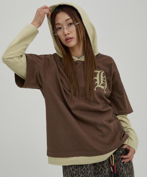 H 레이어드 후드 롱슬리브 브라운