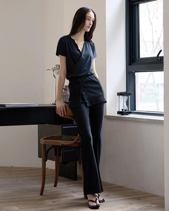 레이어드 랩 부츠컷 팬츠 (set)DEVI-B0084-블랙