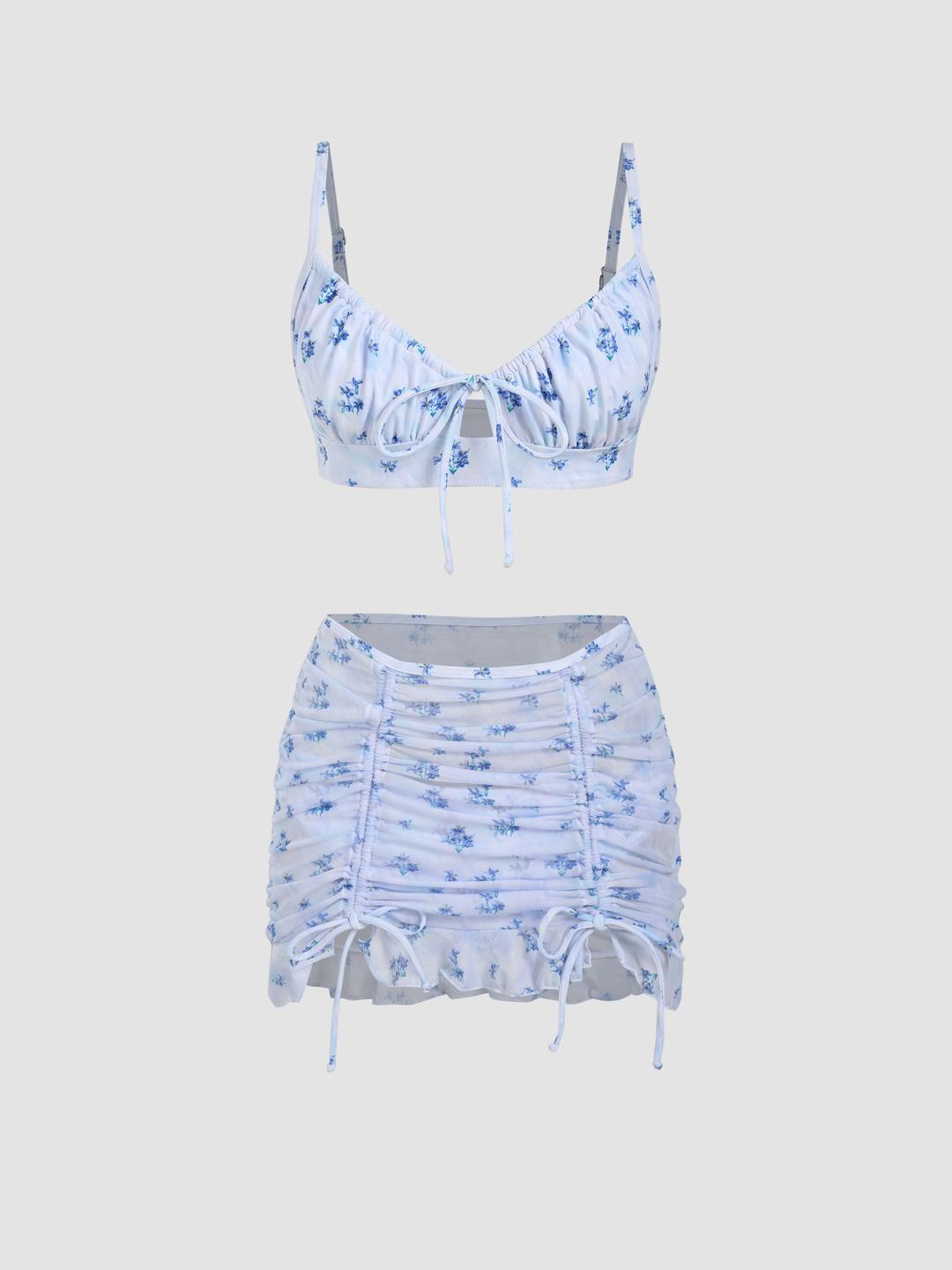드로스트링 비치 스커트가 있는 플로럴 콘탑드 비키니 수영복