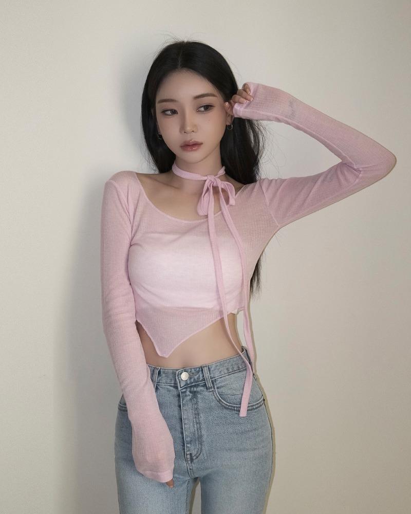 Pink Spring 시스루 스카프 언발란스티셔츠 세트