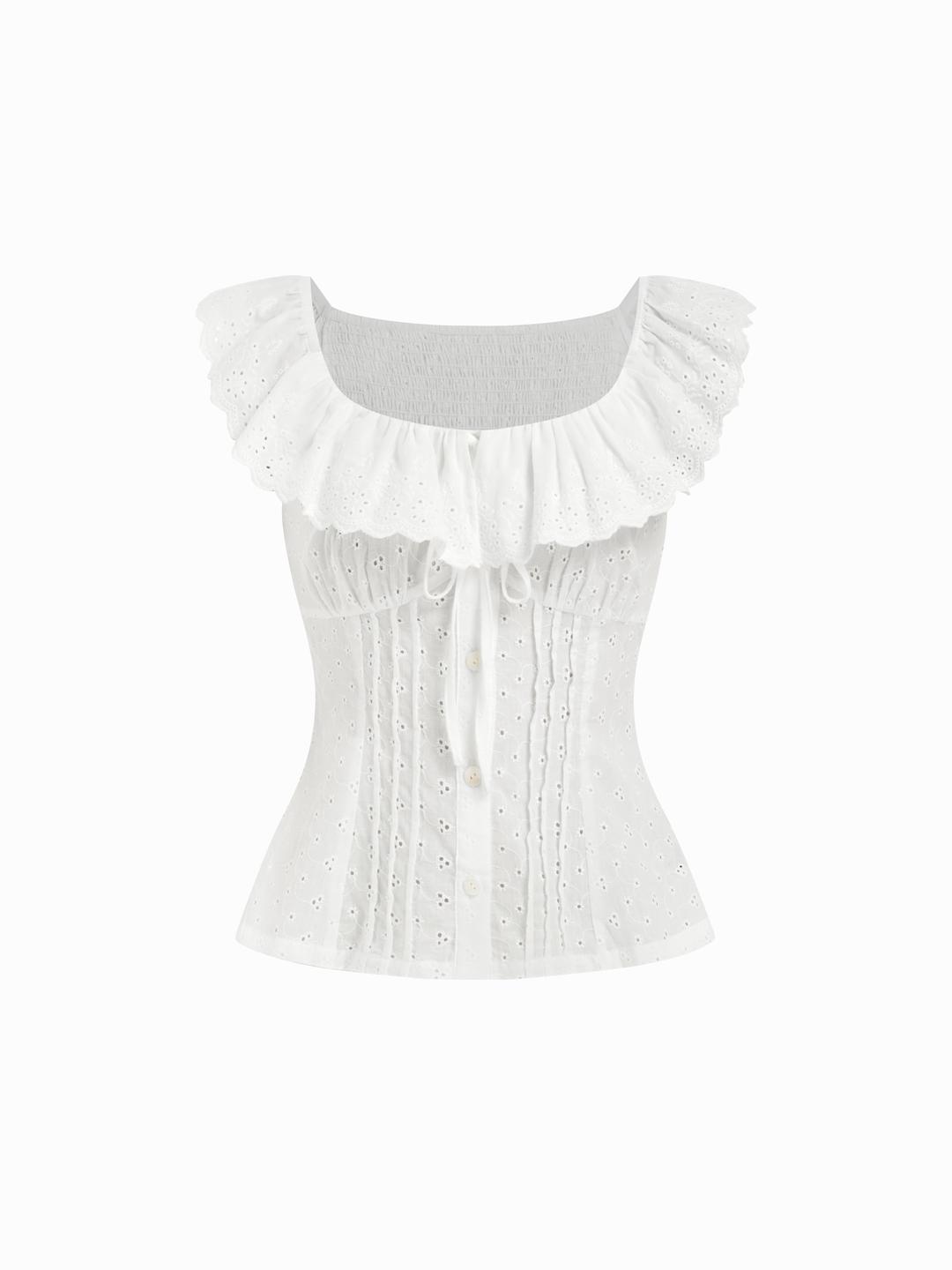 100% Cotton Square Neck See-Through Broderie Anglaise Button Blouse