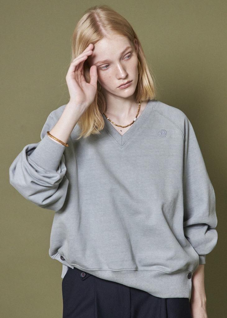 V-NECK COTTON SWEATSHIRT_KHAKI GRAY