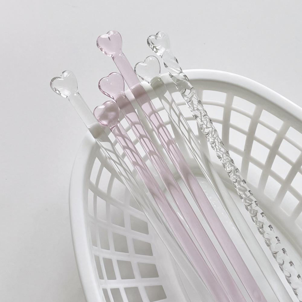 (렛씨온니굿띵) 하트 내열유리 롱머들러 3type 택1 / 투명 꽈배기 내열유리 스틱