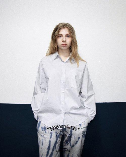 Basic Embroidery Printing Cotton Shirts (Light Gray)-여성용 프리사이즈