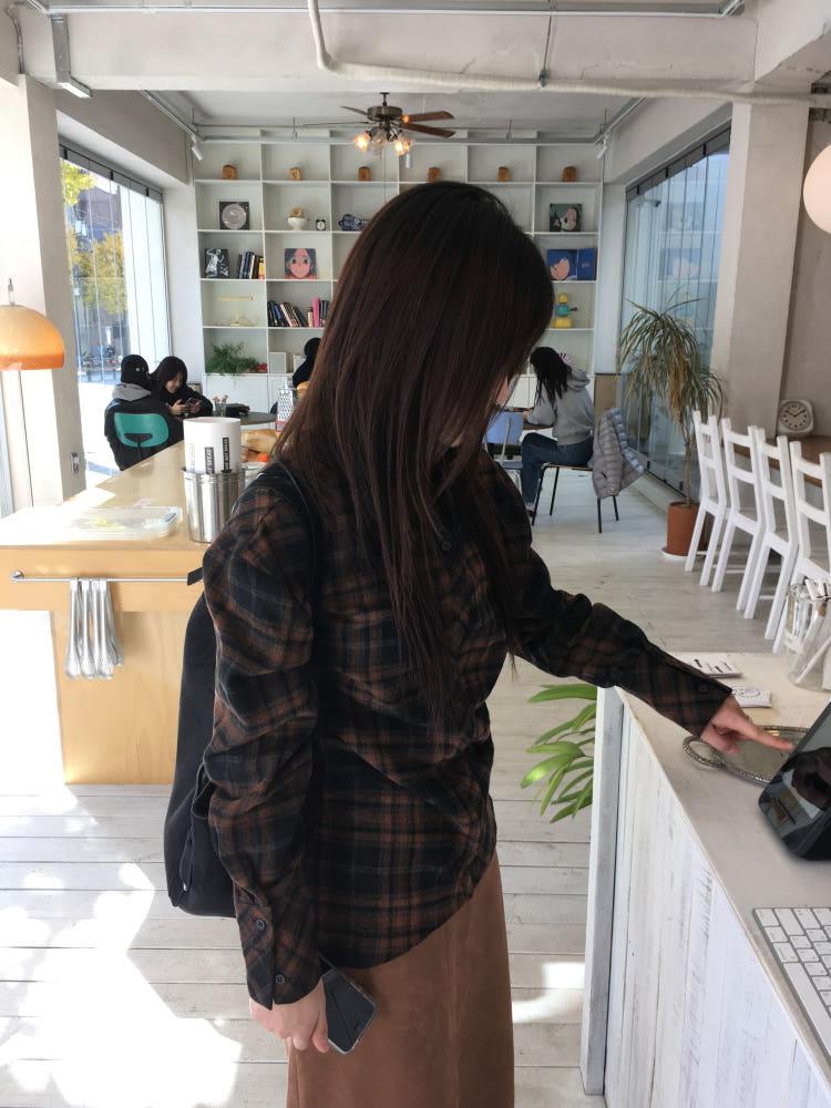 (W) 피치 셔링 체크 투웨이 하이넥 셔츠 2c