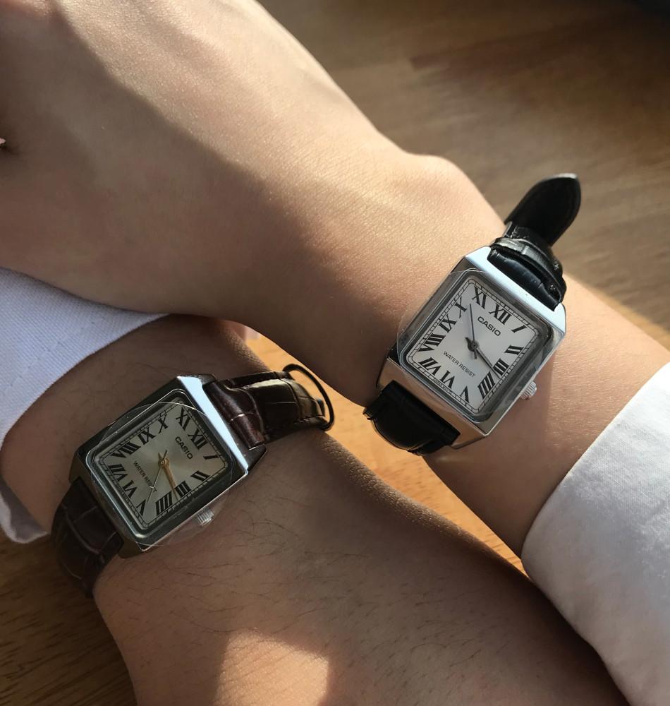 카시오 커플시계 클래식 스퀘어 로마 사각 가죽 손목